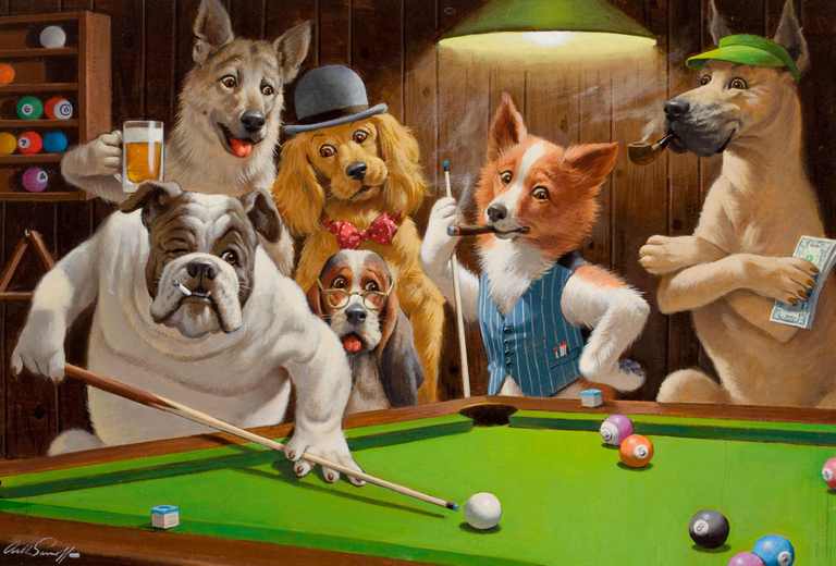 X472 - MEGA XXXL 160X90 CM Leinwandbilder inkl. Holzrahmen - Billard Hunde Lustig
