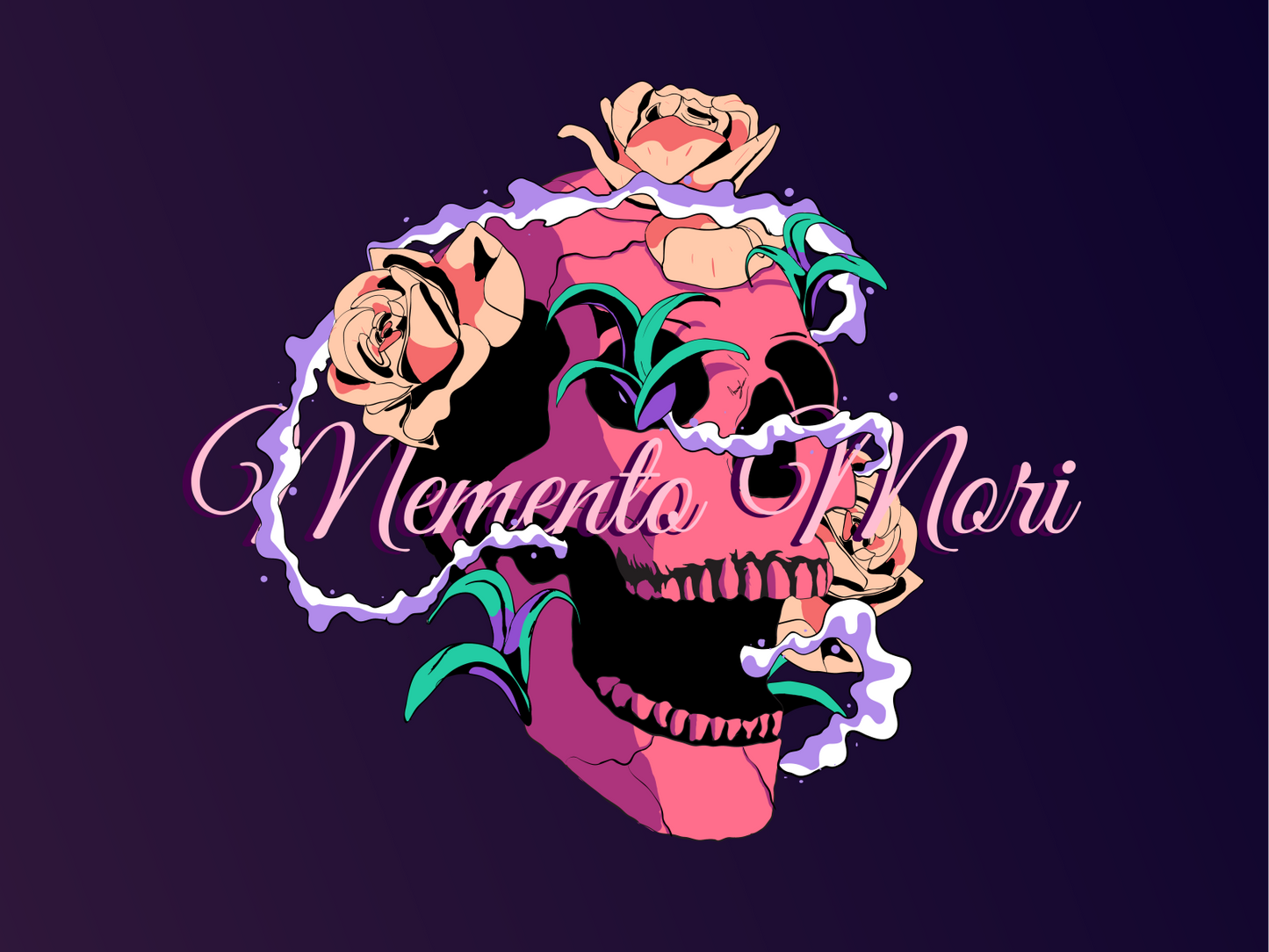 X50 MEGA XXXL 160X90 CM Leinwandbilder inkl. Holzrahmen MEMENTO MORI SPRUCH TOTENKOPF DIGITAL ART ILLUSTRATION SKELETT ROSEN LILA