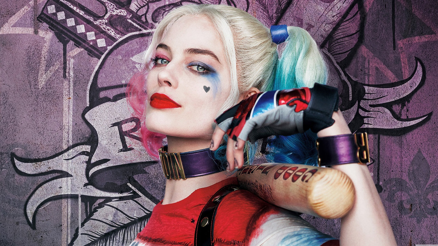 X56 MEGA XXXL 160X90 CM Leinwandbilder inkl. Holzrahmen HARLEY QUINN FILM FRAU BASEBALL LILA WEISS