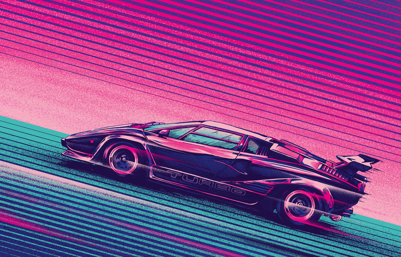X58 MEGA XXXL 160X90 CM Leinwandbilder inkl. Holzrahmen LAMBORGHINI SPORTWAGEN AUTOS 80s RETRO LOOK DIGITAL ART BLAU LILA