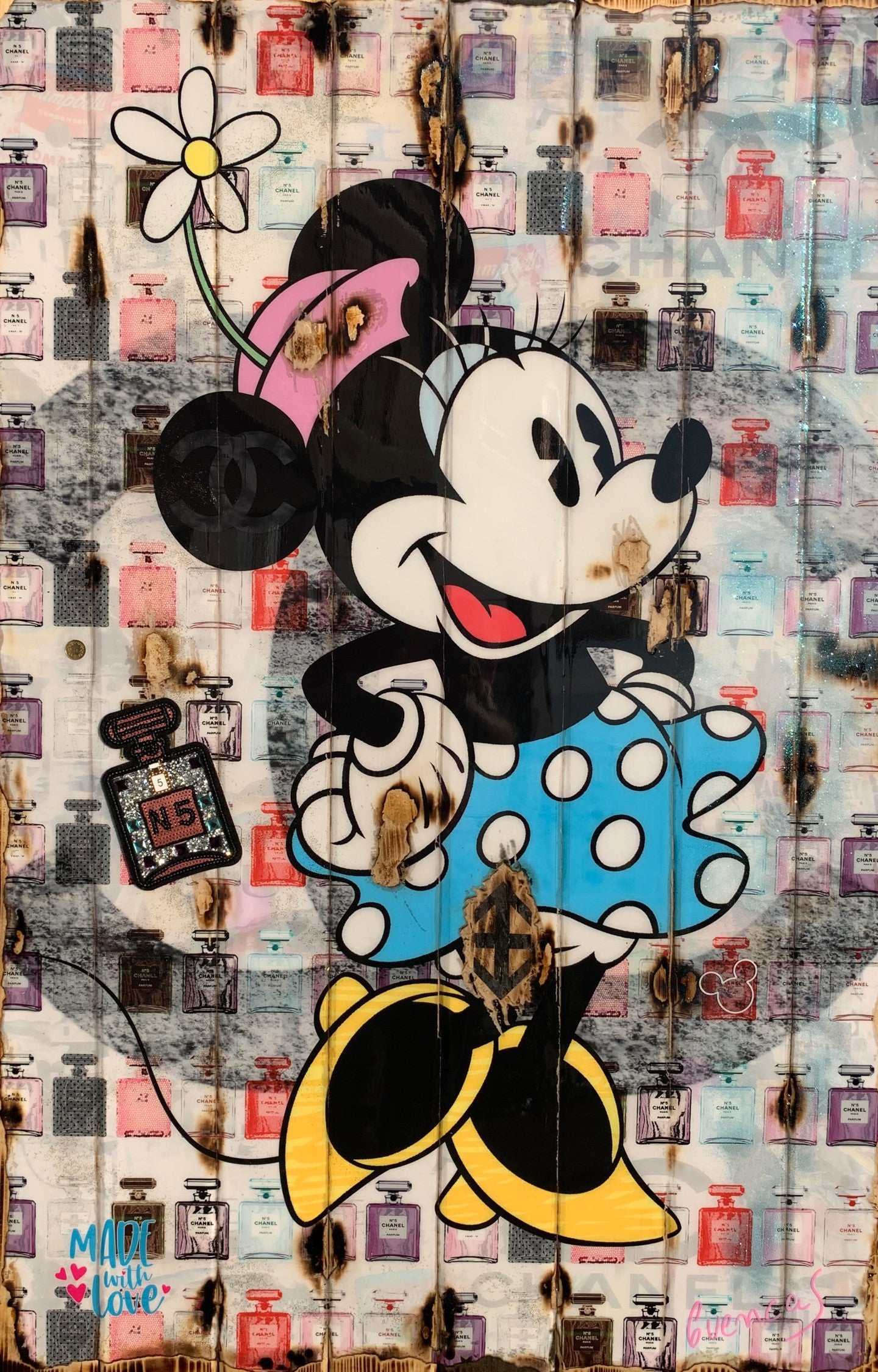 X65 MEGA XXXL 160X90 CM Leinwandbilder inkl. Holzrahmen MINNIE MICKEY MOUSE ZEICHENTRICK CHANEL NO 5 PARFUME CARTOON COLLAGE BUNT