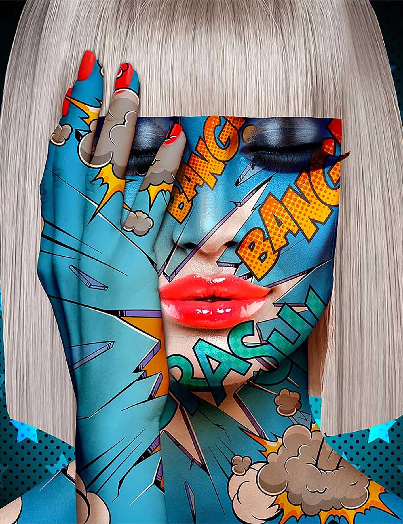 X83 - MEGA XXXL 160X90 CM Leinwandbilder inkl. Holzrahmen Frau Abstrakt Haare Friseur Salon Blau