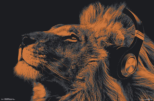 X9 - MEGA XXXL 160X90 CM Leinwandbilder inkl. Holzrahmen -  Löwe mit Musik Kopfhörern Tiere Orange Schwarz Modern