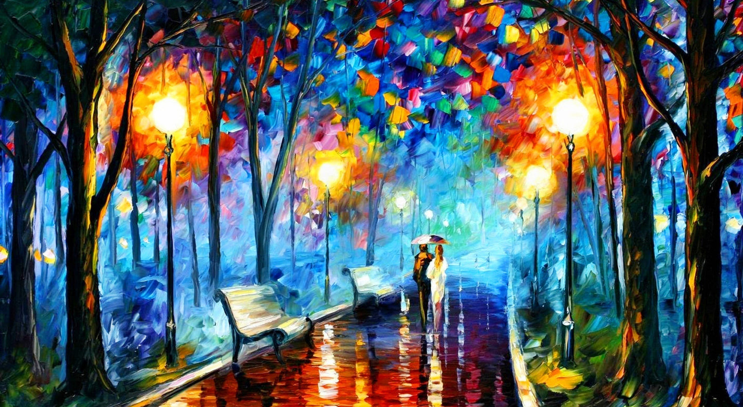X94 - - MEGA XXXL 160X90 CM Leinwandbilder inkl. Holzrahmen Wald Handgemalt Gemälde Herbst Paar Liebe Nacht Blau