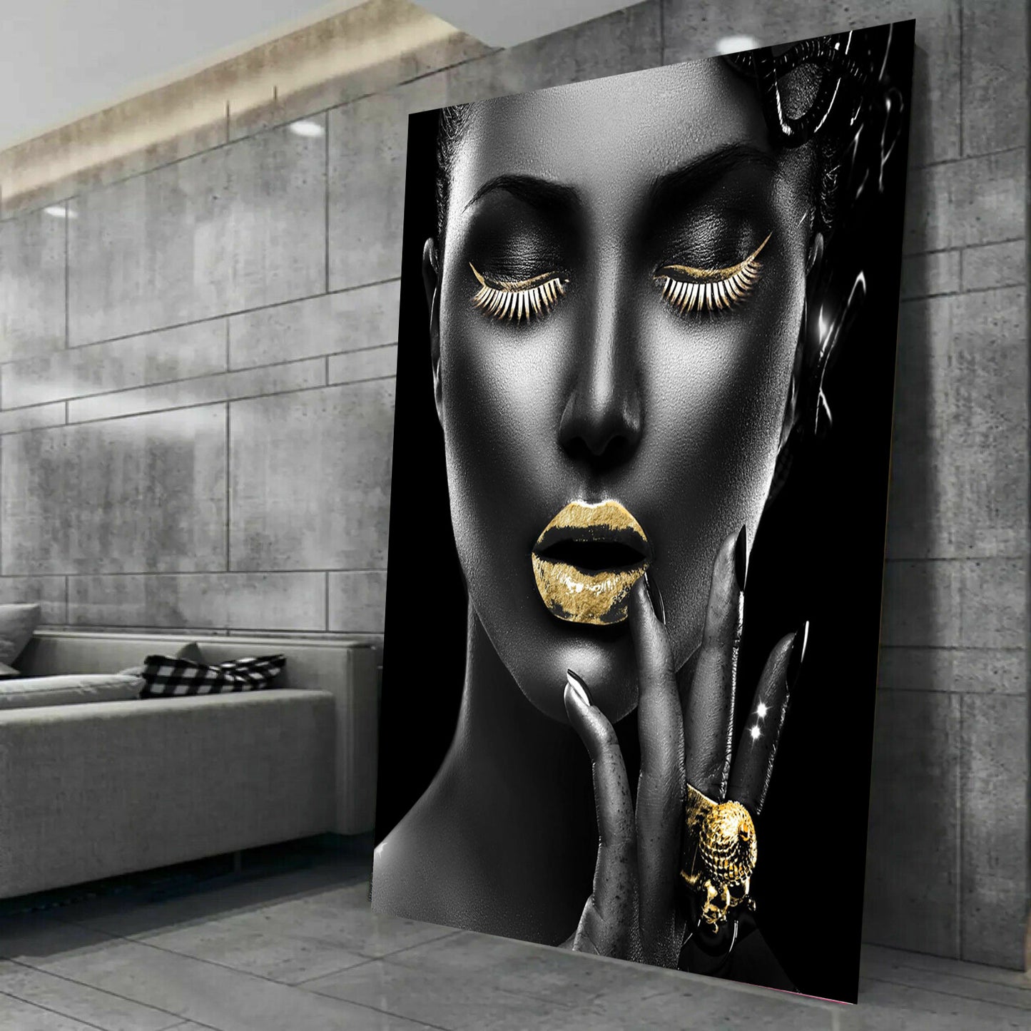MEGA XXXL 160X90 CM Leinwandbilder inkl. Holzrahmen X136 Frau Gold Schwarz Lippen