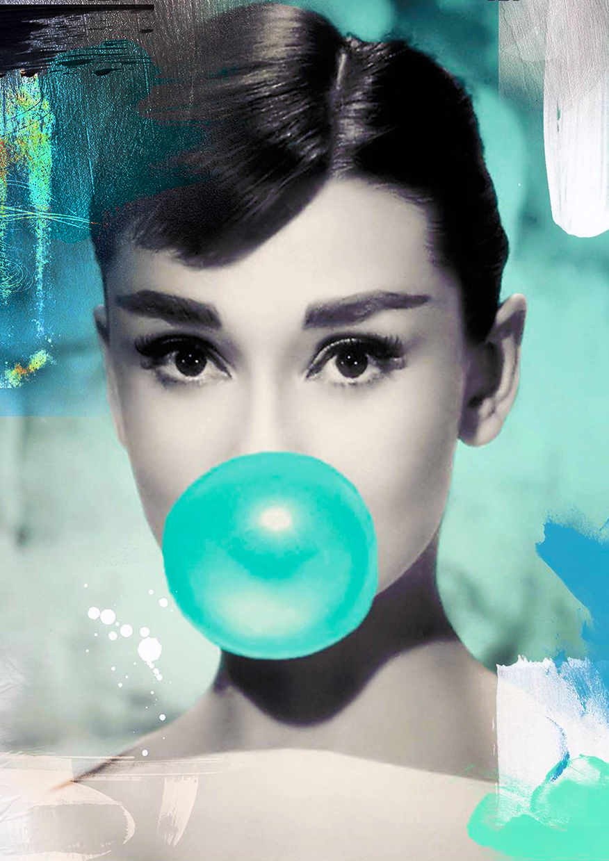 MEGA XXXL 160X90 CM Leinwandbilder inkl. Holzrahmen Audrey Hepburn Kaugummi Türkis Filme Hollywood Blau Tiffany Schwarz Weiß