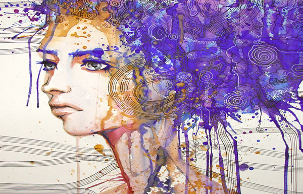 XXL LEINWANDBILDER - LEINWANDDRUCK MIT HOLZRAHMEN - Frau Modern Lila Violett Abstrakt Zeichnung Acryl Illustration Wohnzimmer WALL ART PRINT DECOR PAINTING