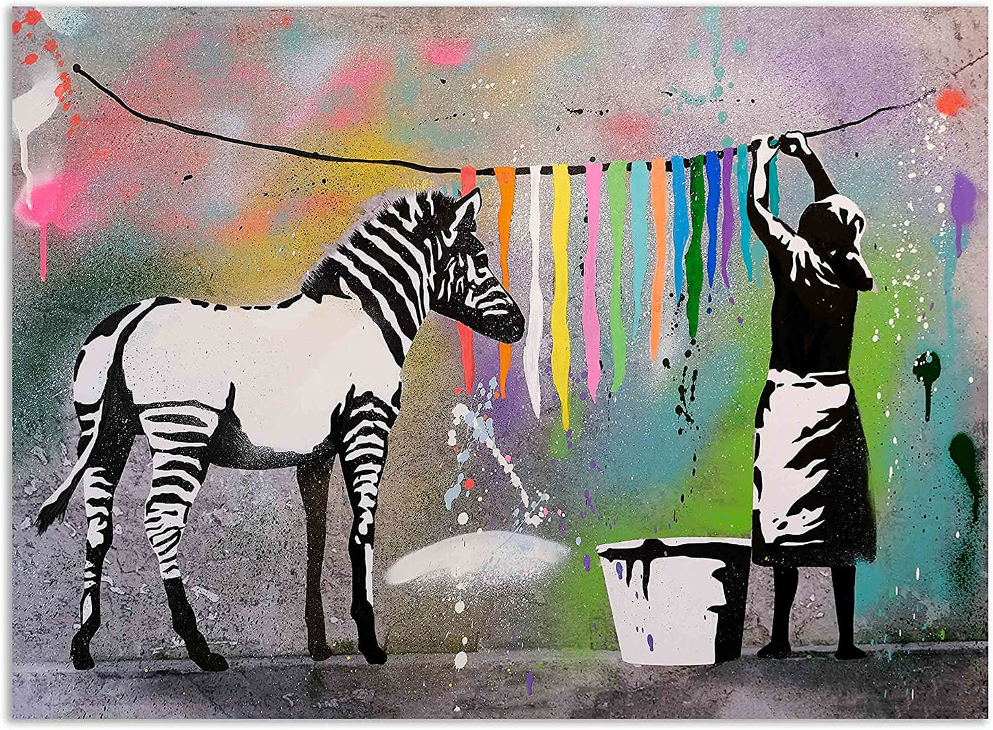 MEGA XXXL 160X90 CM Leinwandbilder inkl. Holzrahmen BANKSY ZEBRA Bunt