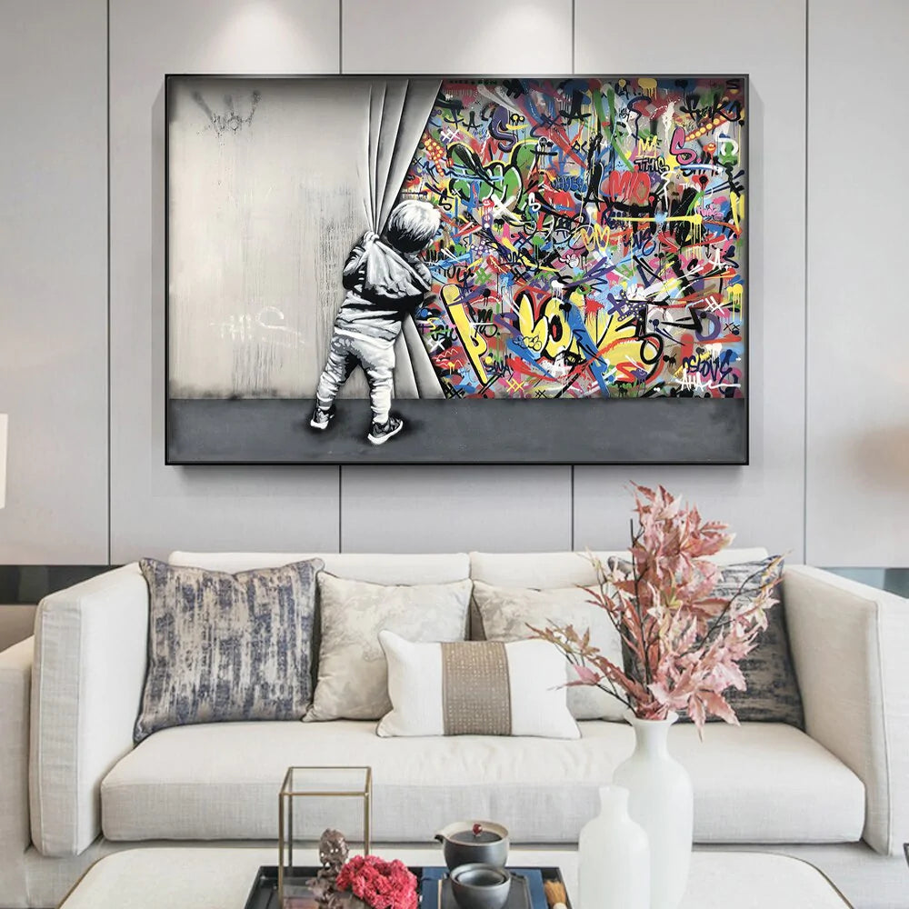 MEGA XXXL 160X90 CM Leinwandbilder inkl. Holzrahmen BANKSY HINTER DEM VORHANG