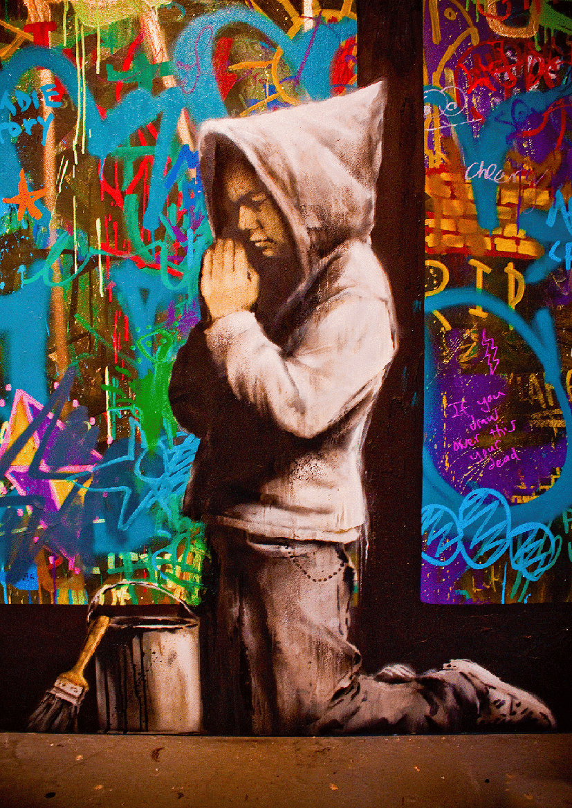 MEGA XXXL 160X90 CM Leinwandbilder inkl. Holzrahmen BANKSY PRAY