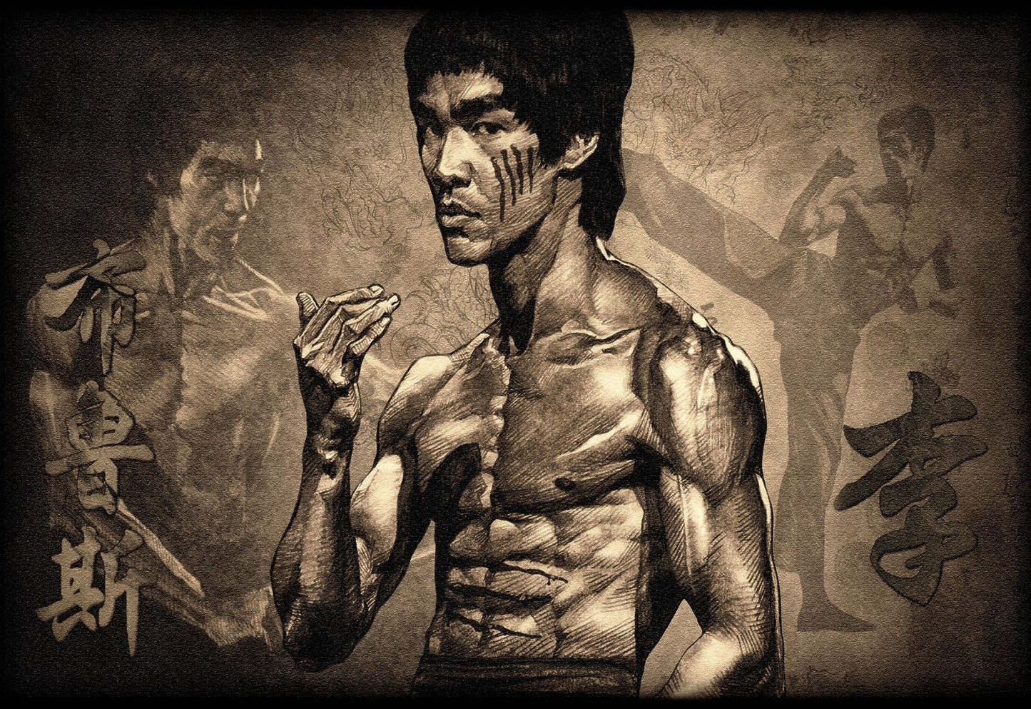 MEGA XXXL 160X90 CM Leinwandbilder inkl. Holzrahmen - Bruce Lee Karate Zeichnung Filme Kampfsport Braun Schwarz