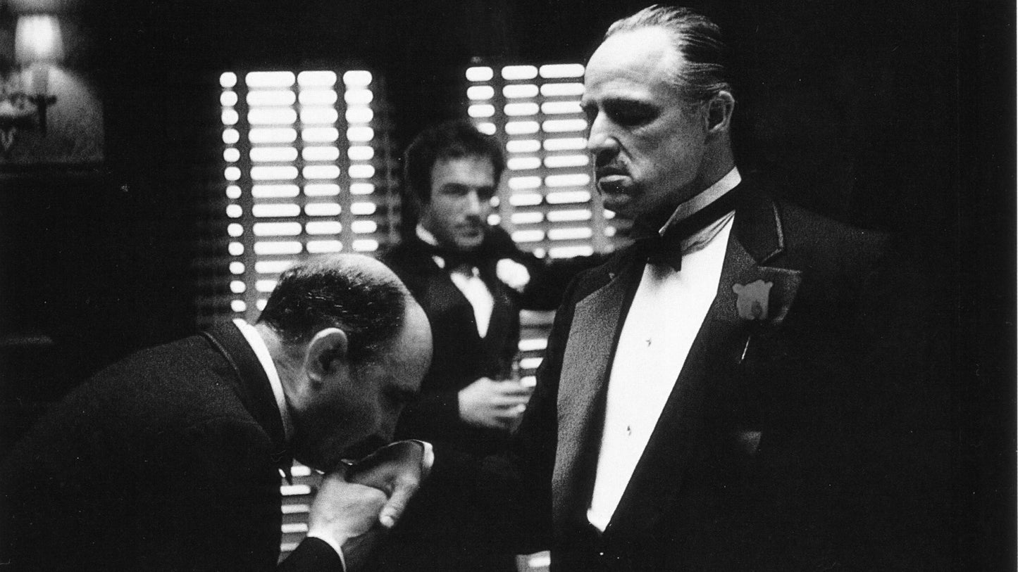 MEGA XXXL 160X90 CM Leinwandbilder inkl. Holzrahmen - Der Pate Handkuss Mafia Pacino De Niro Filme Hollywood Kino Schwarz Weiss