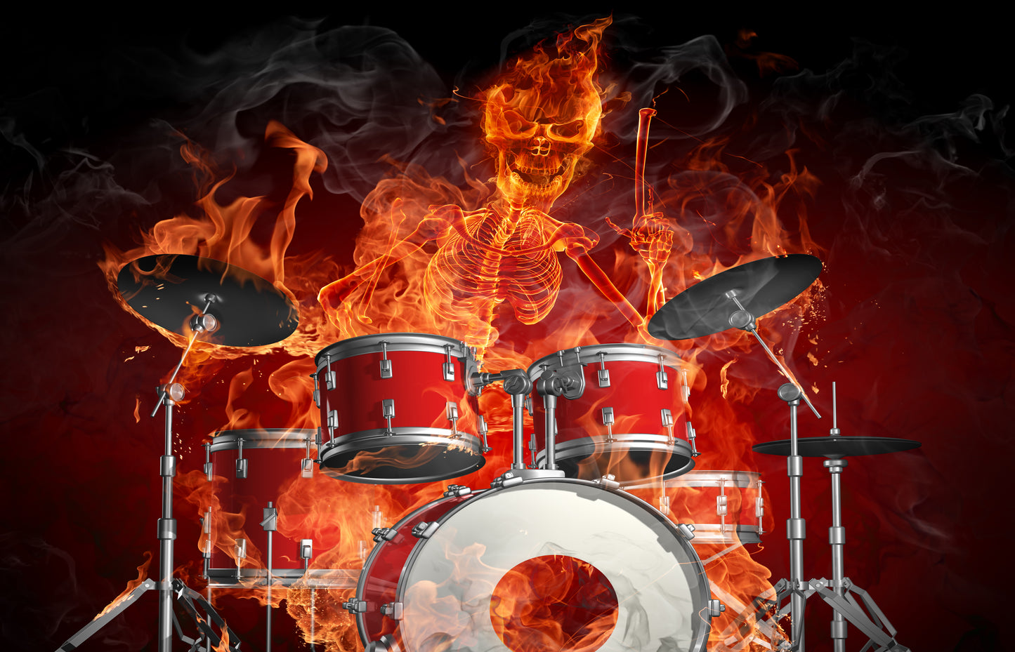 MEGA XXXL 160X90 CM Leinwandbilder inkl. Holzrahmen - Skelett Feuer Musik Rot Orange Rock n Roll Schlagzeug