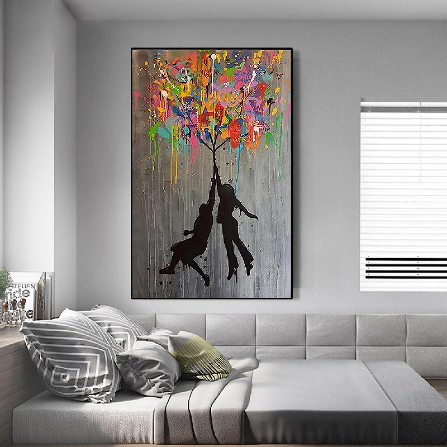 MEGA XXXL 160X90 CM Leinwandbilder inkl. Holzrahmen X153 Banksy Bunter Regenschirm