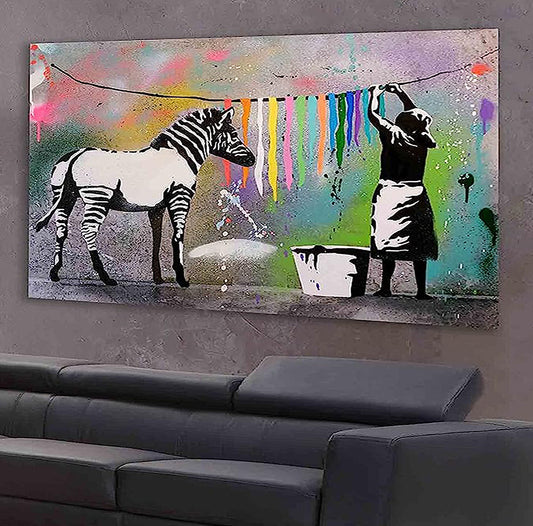 MEGA XXXL 160X90 CM Leinwandbilder inkl. Holzrahmen BANKSY ZEBRA Bunt