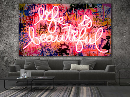 x590 XXL Leinwandbilder Life is beautiful Banksy Weisheit Zitat Spruch Typo Logo Neonlicht led bunt - MEGA XXXL 160X90 CM Leinwandbilder inkl. Holzrahmen