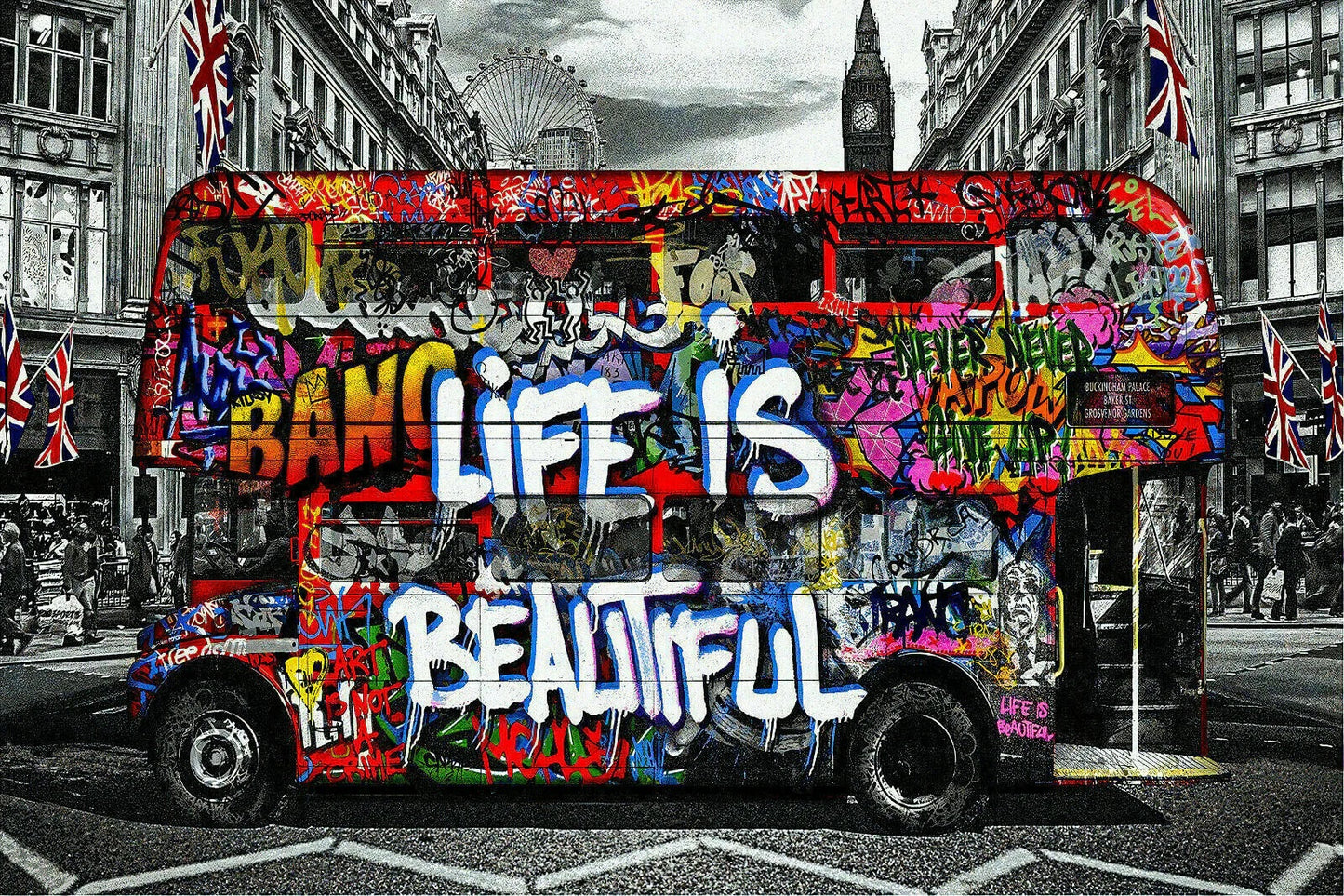 XXL Leinwandbilder Banksy Street Art Life is beautiful London Doppeldecker Bus Text Spruch Bunt- MEGA XXXL 160X90 CM Leinwandbilder inkl. Holzrahmen