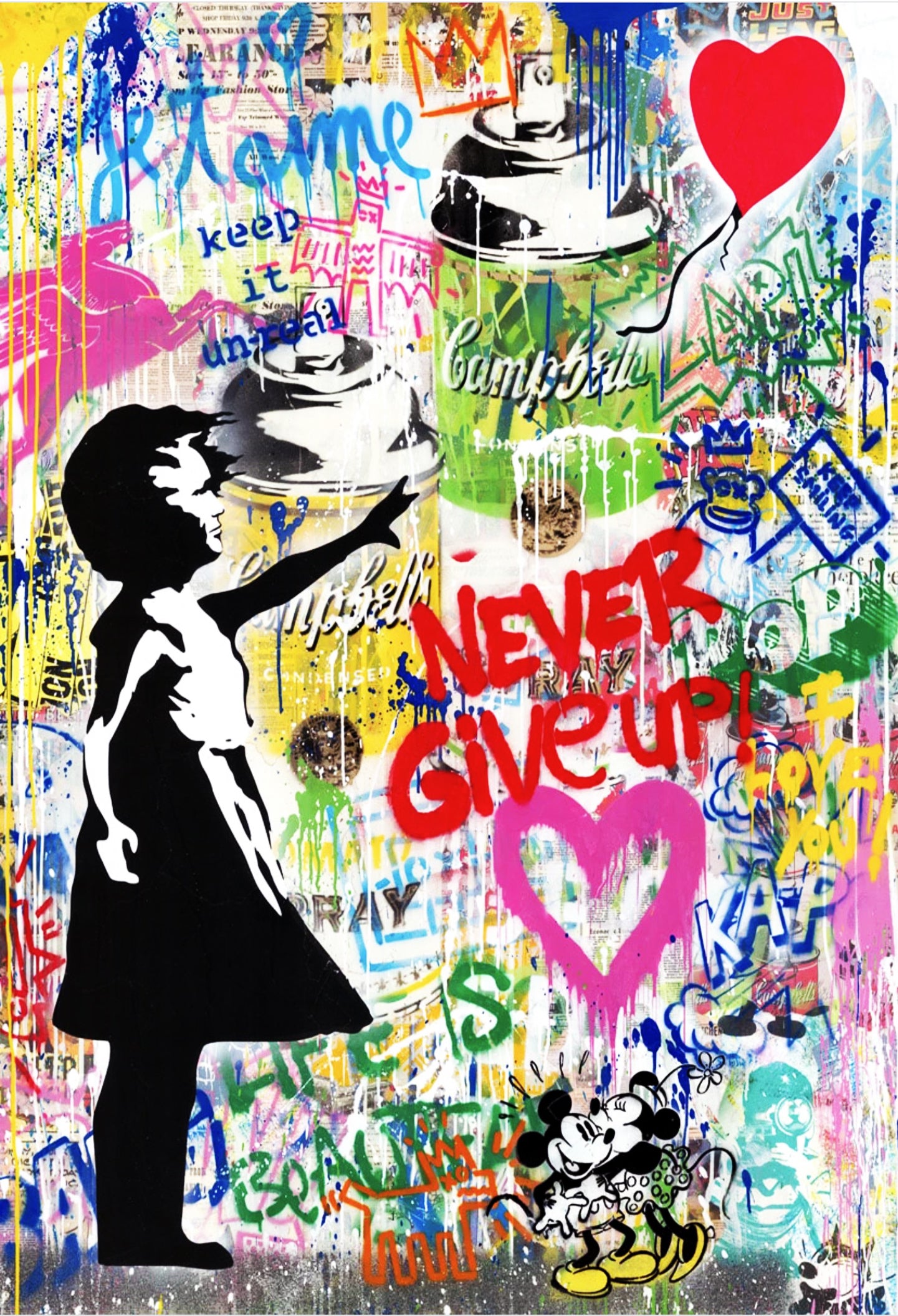 BANKSY NEVER GIVE UP VERTIKAL BALOON MÄDCHEN HERZ HOCHFORMAT STREET ARTE - MEGA XXXL 160X90 CM Leinwandbilder inkl. Holzrahmen