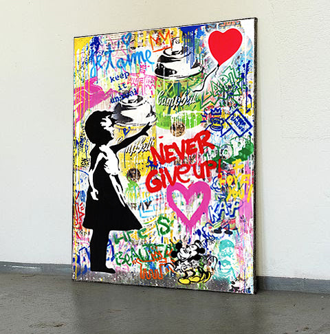 BANKSY NEVER GIVE UP VERTIKAL BALOON MÄDCHEN HERZ HOCHFORMAT STREET ARTE - MEGA XXXL 160X90 CM Leinwandbilder inkl. Holzrahmen