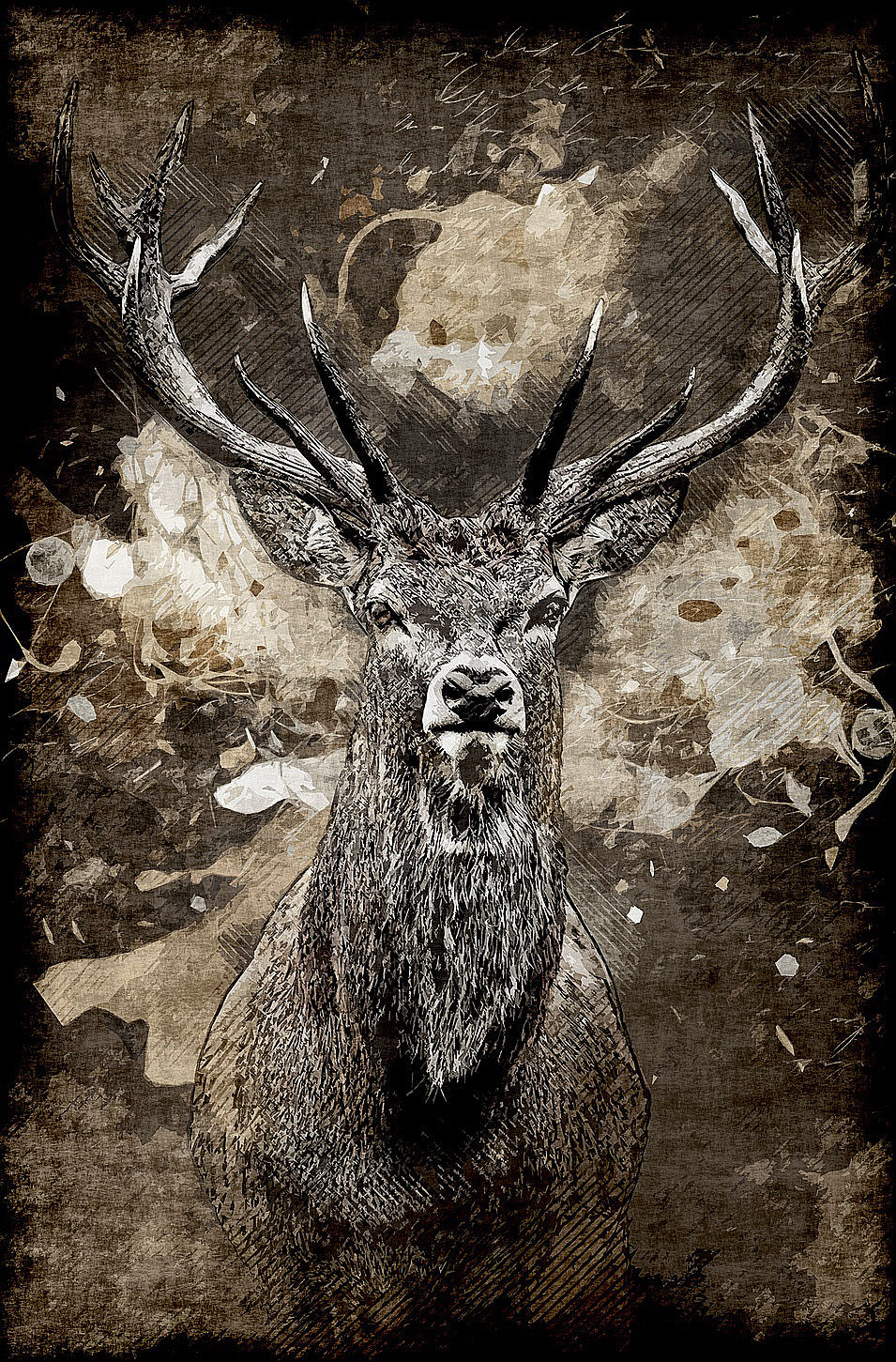 HIRSCHY SEPIA GRUNGE BRAUN TIERE WILDNIS WALD GEWEIH - MEGA XXXL 160X90 CM Leinwandbilder inkl. Holzrahmen