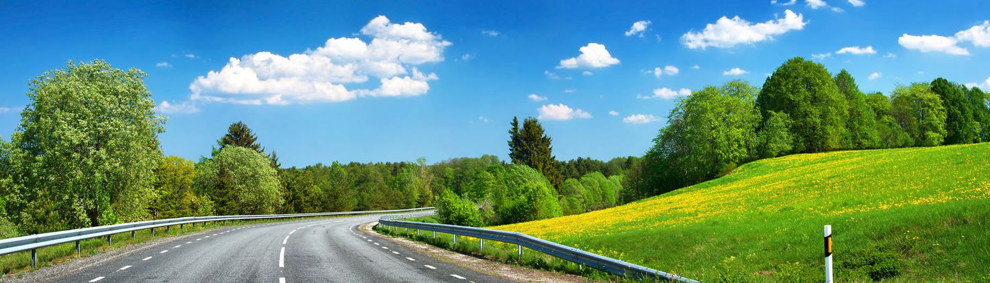 PANORAMA66 XXL -LEINWANDBILDER-PANORAMA-STRASSE-WALD-BAEUME-ROUTE66-GRUEN-HIMMEL-BLAU-WOLKEN