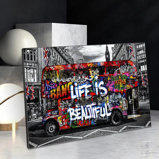 XXL Leinwandbilder Banksy Street Art Life is beautiful London Doppeldecker Bus Text Spruch Bunt- MEGA XXXL 160X90 CM Leinwandbilder inkl. Holzrahmen