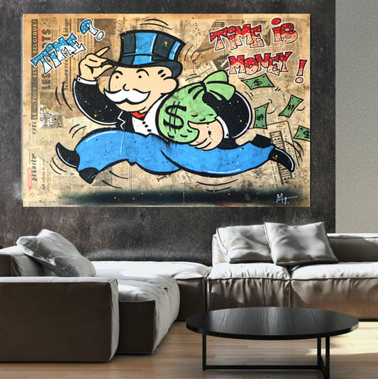 TIME IS MONEY MONOPOLY GELD COMIC HANDGEMALT - MEGA XXXL 160X90 CM Leinwandbilder inkl. Holzrahmen