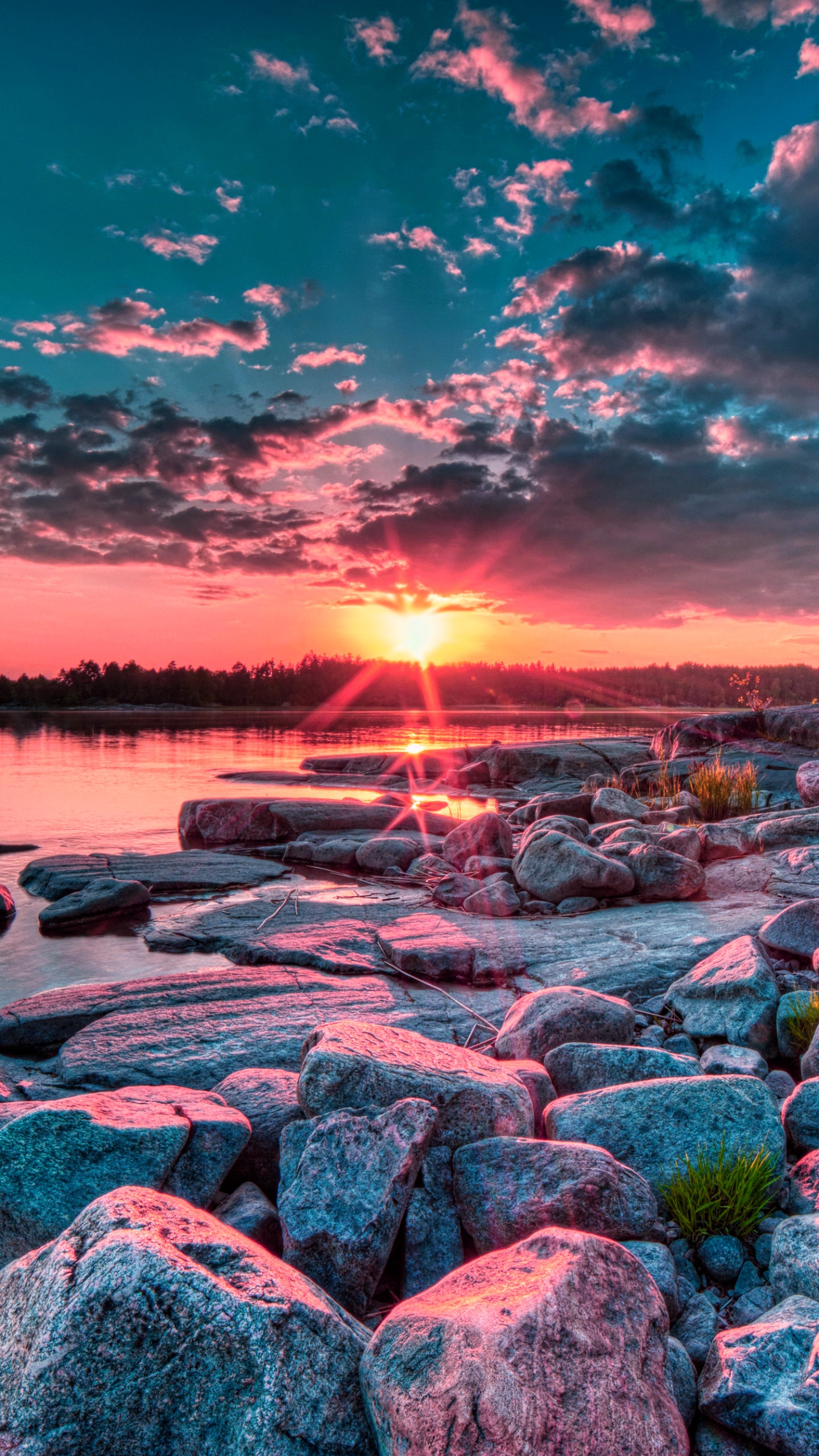 X698 - XXXL LEINWANDBILDER INKLUSIVE HOLZRAHMEN - Sonnenuntergang Fluss Naturfotografie Wasser Felsen Landschaft Himmel Schönheit Abendstimmung Natur Steine