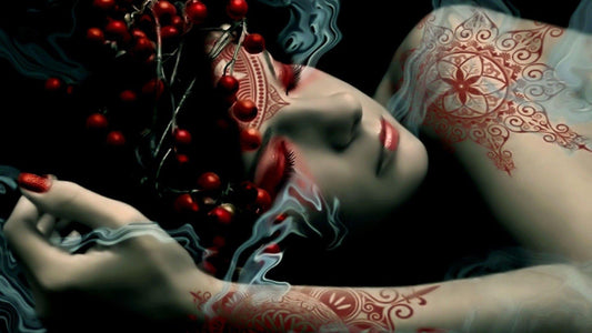 X747 - XXXL LEINWANDBILDER INKLUSIVE HOLZRAHMEN - Tattoo Kunst Rot Frau KunstAmKörper Schlafende Frau Körperkunst Leben Ästhetik