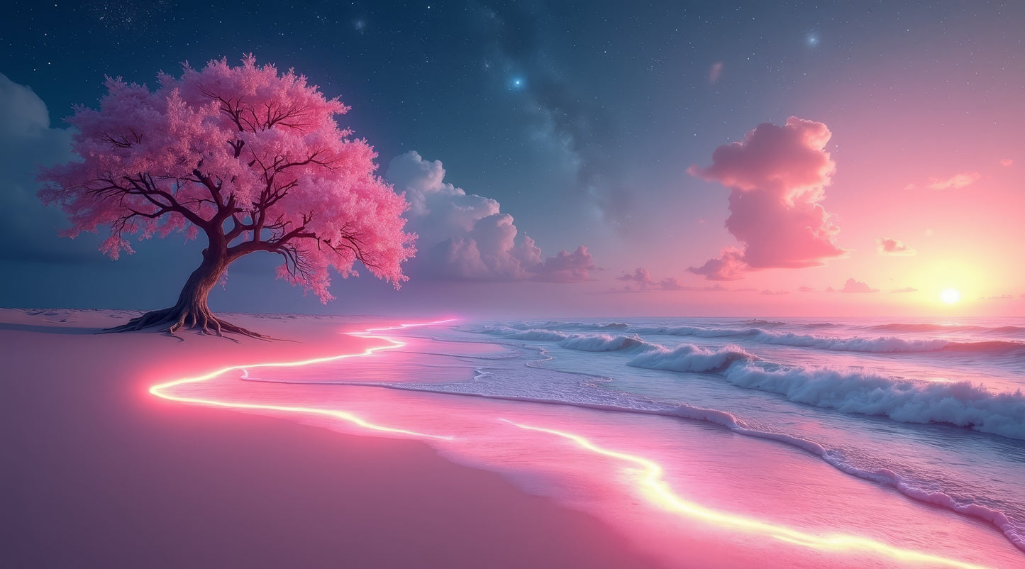 X753 - XXXL LEINWANDBILDER INKLUSIVE HOLZRAHMEN - Rosa Baum Strandliebe Lichtspur Naturfotografie Traumhaft Küstenlandschaft PinkVibes Sommerfeeling InstaNatur Fotografie