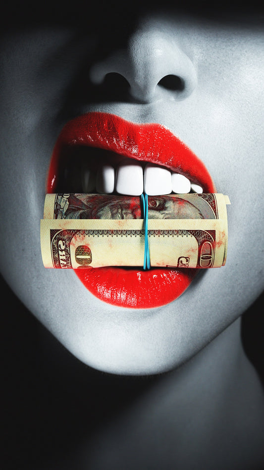 X763 - XXXL LEINWANDBILDER INKLUSIVE HOLZRAHMEN Rote Lippen Geld Frau Luxus Geldscheine Beauty Lifestyle Selbstbewusstsein Glamour Kreativität