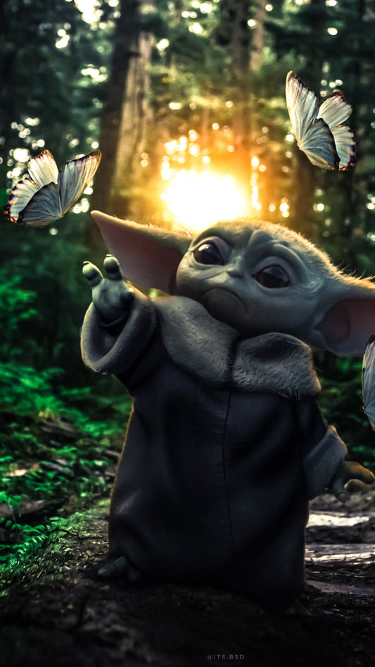 X775 - XXXL LEINWANDBILDER INKLUSIVE HOLZRAHMEN BabyYoda Wald Schmetterlinge StarWars Kreativität Natur Fantastisch Süß Magisch Abenteuer