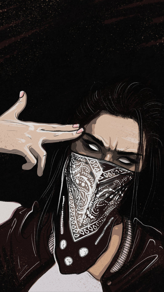 X786 - XXXL LEINWANDBILDER INKLUSIVE HOLZRAHMEN Zeichnung Frau Bandana Kunst Illustration Porträt Künstler Kreativität Moderne Kunst Gesichtsschutz