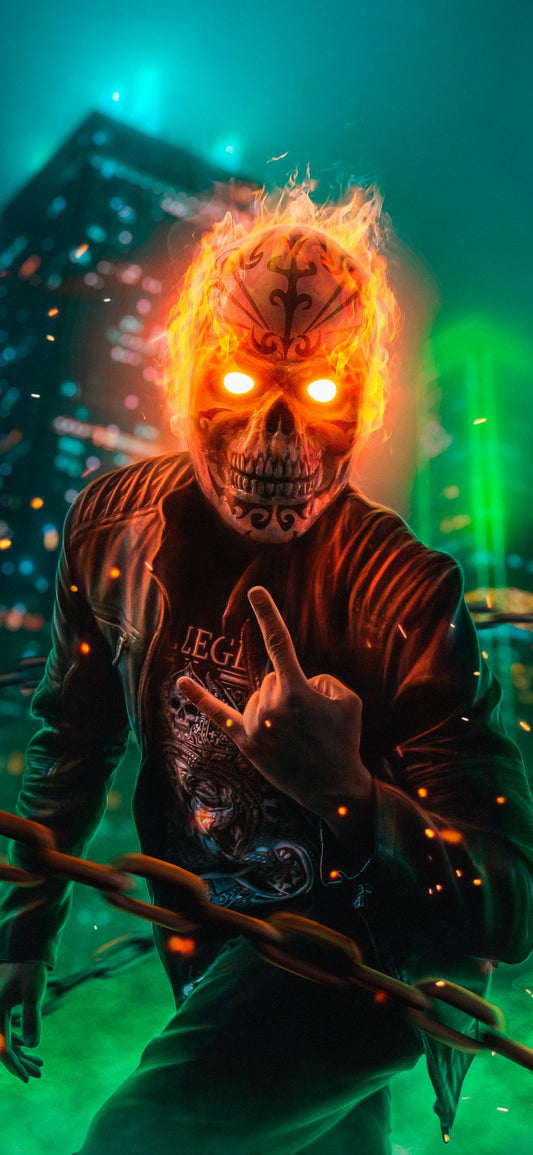 X802 - XXXL LEINWANDBILDER INKLUSIVE HOLZRAHMEN - Feuerkopf Peace Victory Mann Nacht Skyline Streetstyle