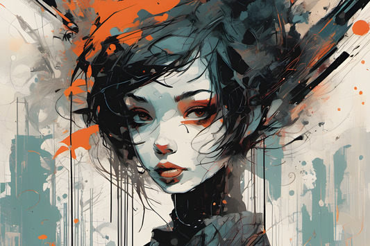 X822 - XXXL LEINWANDBILDER INKLUSIVE HOLZRAHMEN - Black Asia Manga Art Deko Pix Frau Haare Rote Flecken Paintsplash