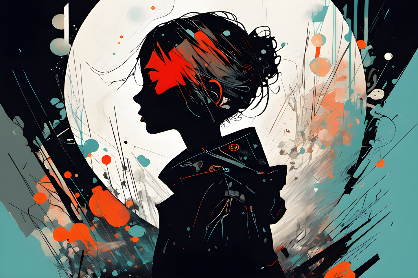 X824 - XXXL LEINWANDBILDER INKLUSIVE HOLZRAHMEN - Black Asia Manga Art Deko Pix Frau Haare Türkis Sidelook Schatten