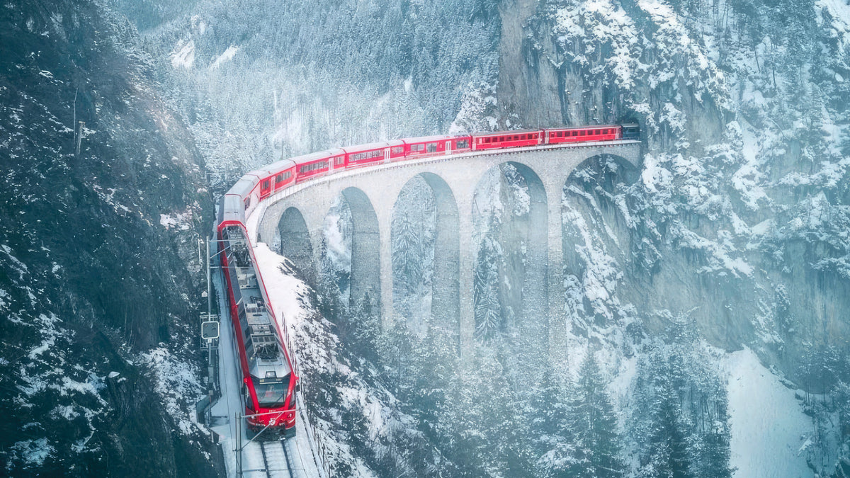 XXL LEINWANDBILDER SCHWEIZ ALPEN SCHNEE ROTE EISENBAHN