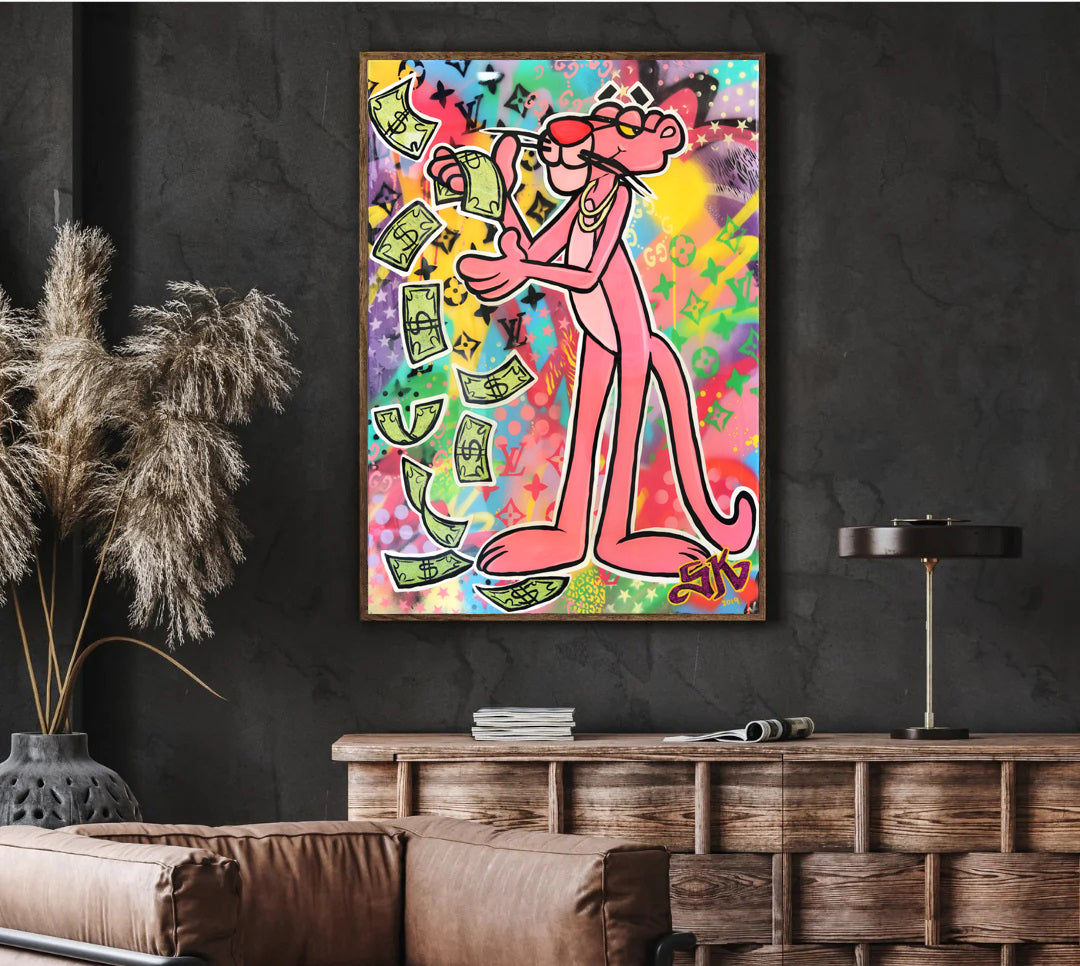 BANKSY PINK PANTHER CASH MONEY - MEGA XXXL 160X90 CM Leinwandbilder inkl. Holzrahmen