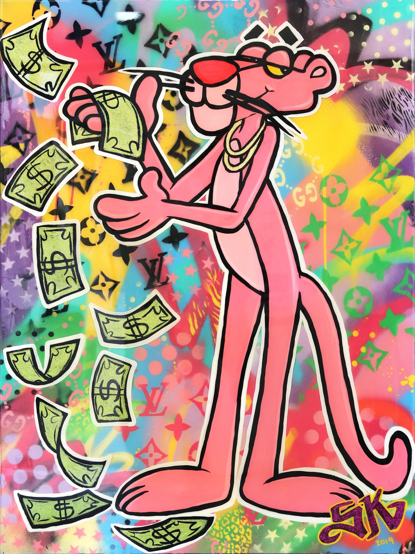 BANKSY PINK PANTHER CASH MONEY - MEGA XXXL 160X90 CM Leinwandbilder inkl. Holzrahmen