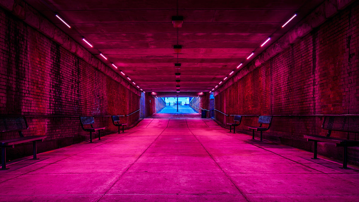 XXL Leinwandbilder Pinker Neon Tunnel Bänke
