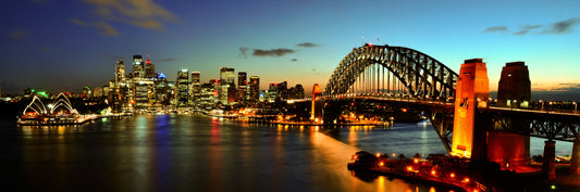 panorama-209  XXL Leinwandbilder inklusive Holzrahmen Sydney Australien Stadtansicht Nachtaufnahme LichterderStadt Brücke Skyline Nachtleben Stadtlichter Fotografie Architektur Reise