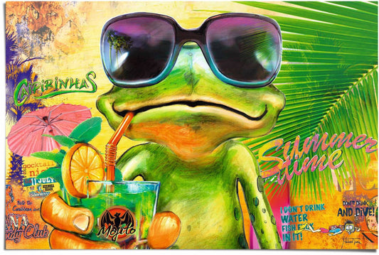 x555 XXL Leinwandbilder Michael Tarin Frosch im Urlaub Lustig Süß Kultbild Sonnenbrille Cocktail Drink Palme - MEGA XXXL 160X90 CM Leinwandbilder inkl. Holzrahmen