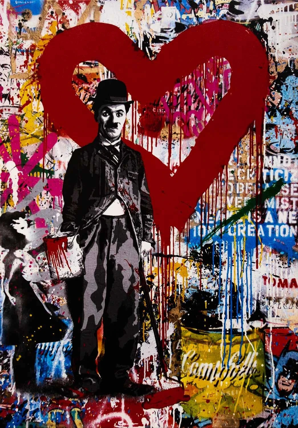 x558 XXL Leinwandbilder Banksy Charlie Chaplin großes Herz II Warhol Campbell Dose Verlauf - MEGA XXXL 160X90 CM Leinwandbilder inkl. Holzrahmen