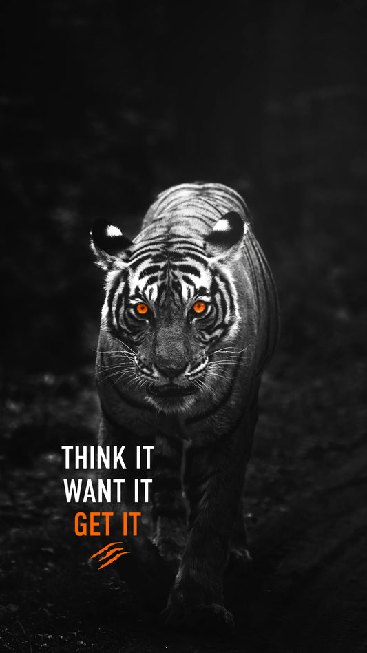 x567  XXL Leinwandbilder Bengalischer Tiger Sibirischer Tiger Spruch Think it want it get it Zitat Gelb Orange Schwarz Weiss Tiere  - MEGA XXXL 160X90 CM Leinwandbilder inkl. Holzrahmen