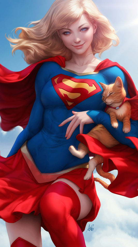 x568  XXL Leinwandbilder Superwoman Supergirl mit Katze im Arm Superhelden Marvel Blondine Frau Cosplay Kostüm  - MEGA XXXL 160X90 CM Leinwandbilder inkl. Holzrahmen