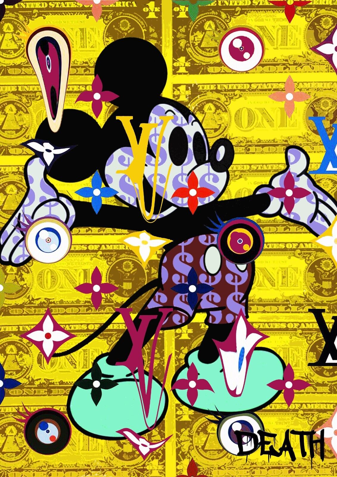 x584 XXL Leinwandbilder Micky Mouse Louis Vuitton Luxus Marken Logo Disney Handgemalt Gelb - MEGA XXXL 160X90 CM Leinwandbilder inkl. Holzrahmen