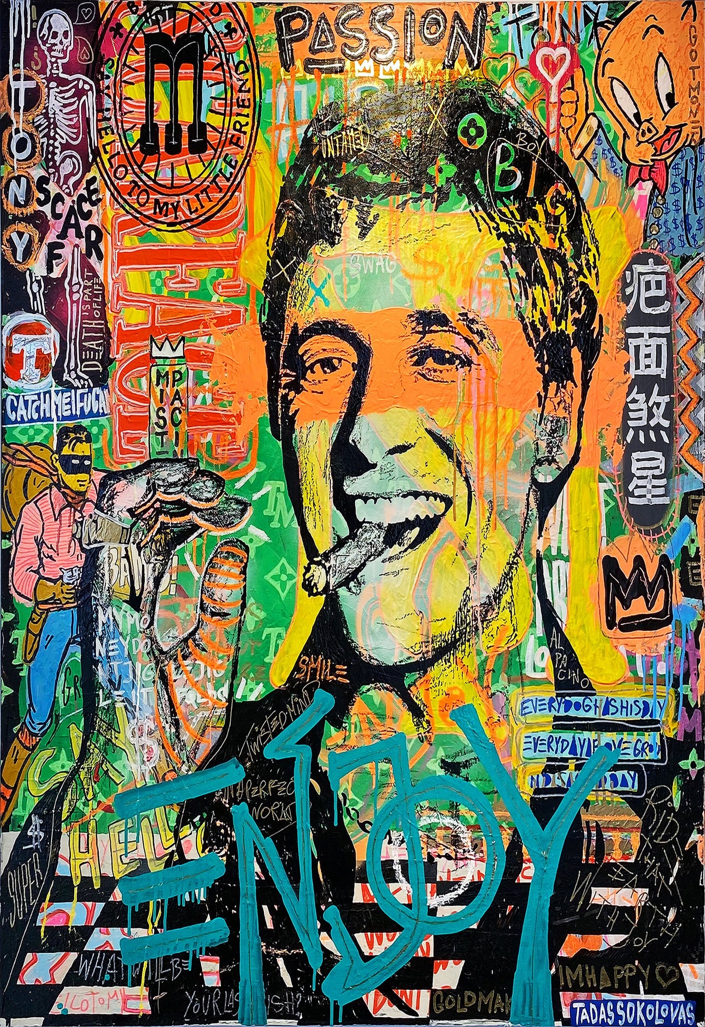 x585 XXL Leinwandbilder Al Pacino Scarface Enjoy Zigarre Filme Hollywood Handgemalt Street Art Look - MEGA XXXL 160X90 CM Leinwandbilder inkl. Holzrahmen