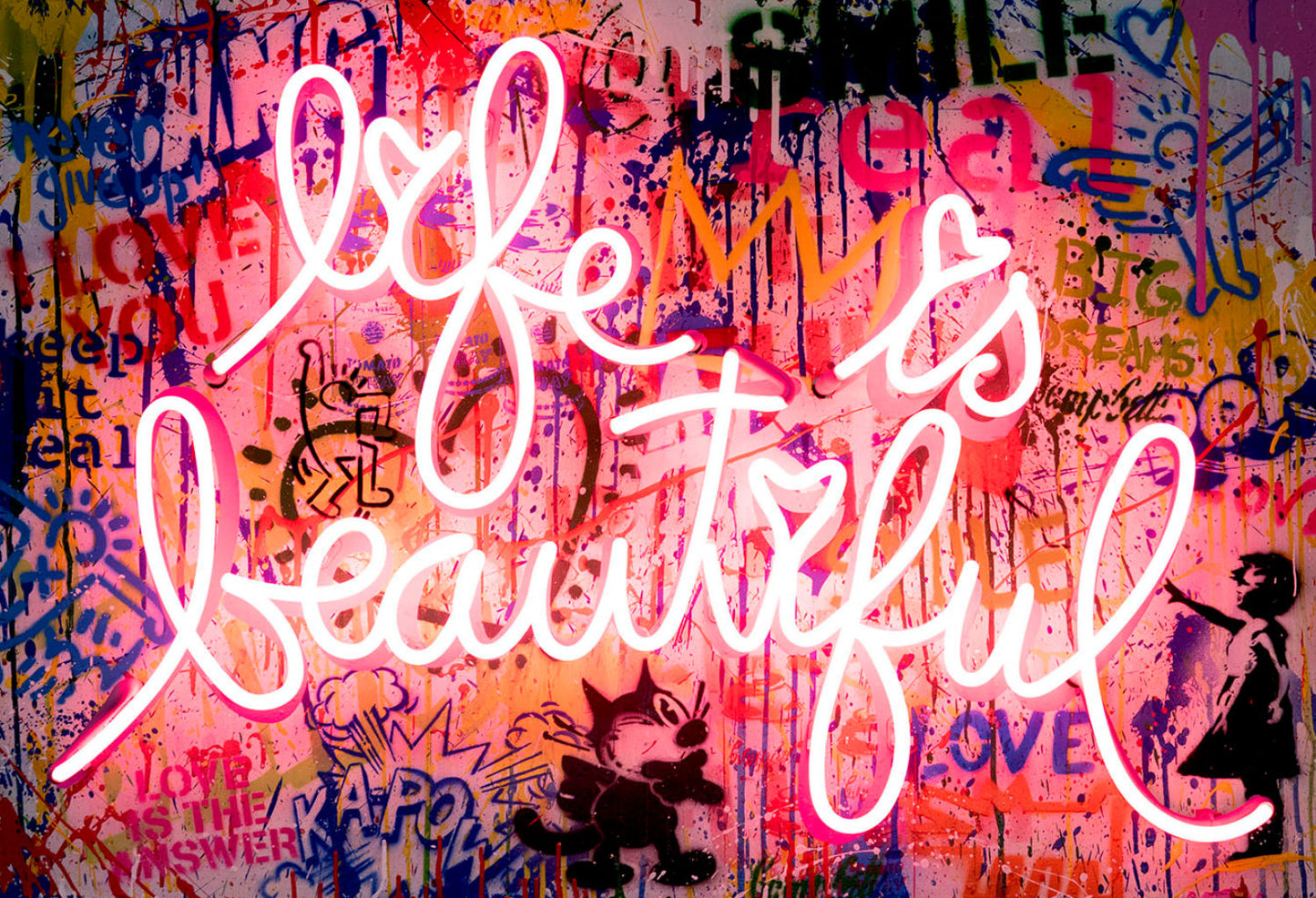 x590 XXL Leinwandbilder Life is beautiful Banksy Weisheit Zitat Spruch Typo Logo Neonlicht led bunt - MEGA XXXL 160X90 CM Leinwandbilder inkl. Holzrahmen