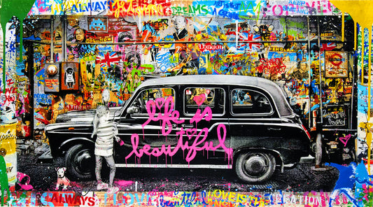 x593 XXL Leinwandbilder Banksy Life is beautiful Old English Car Handgemalt Street Art Graffitti Bunt Oldtimer Auto- MEGA XXXL 160X90 CM Leinwandbilder inkl. Holzrahmen