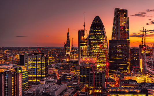 x626 -london-30_st_mary_axe_the_gherkin-the_shard-the_leadenhall_building- XXL Leinwandbilder  London Wolkenkratzer Stadt bei Abend im Sonnenuntergang - MEGA XXXL 160X90 CM Leinwandbilder inkl. Holzrahmen